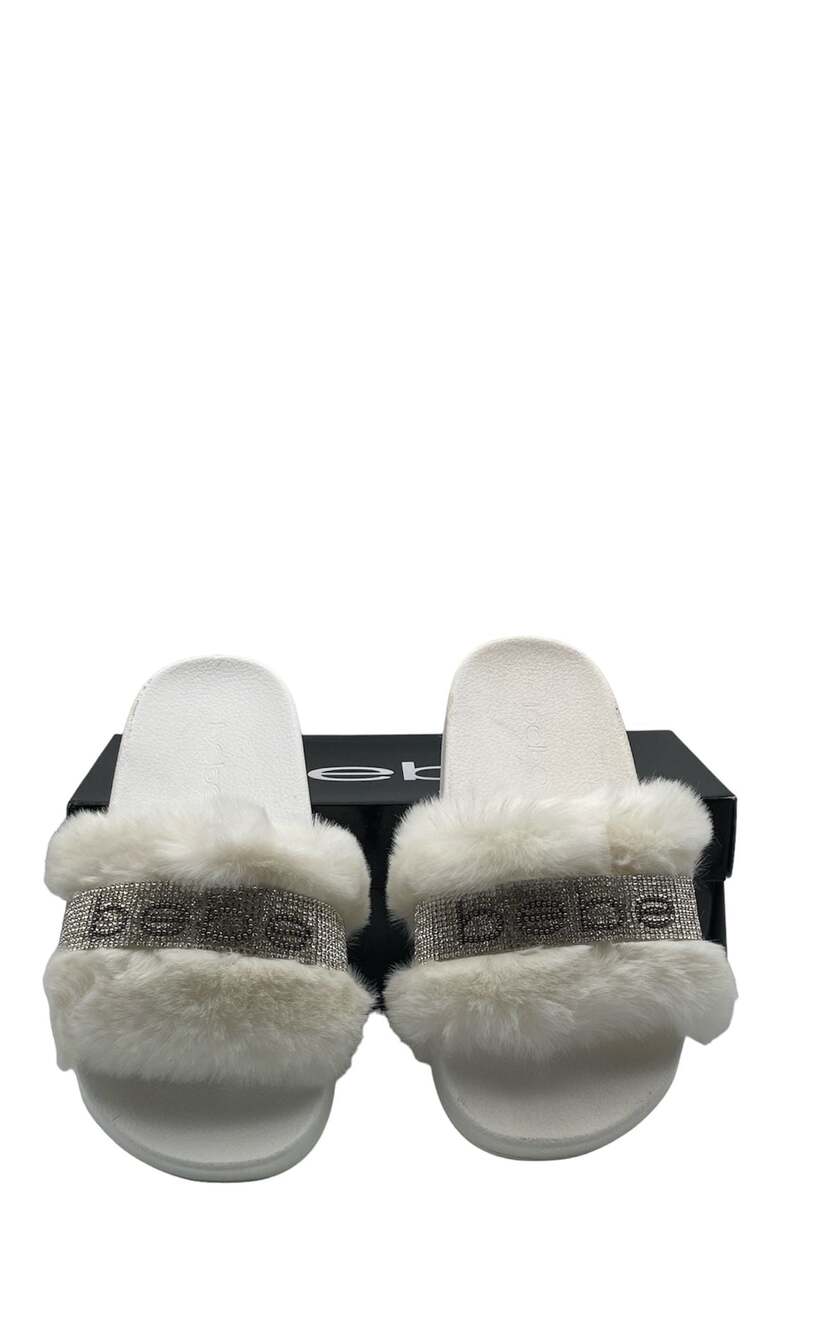 Bebe Flynna White Faux Fur Rhinestone Logo Slides Size 8M